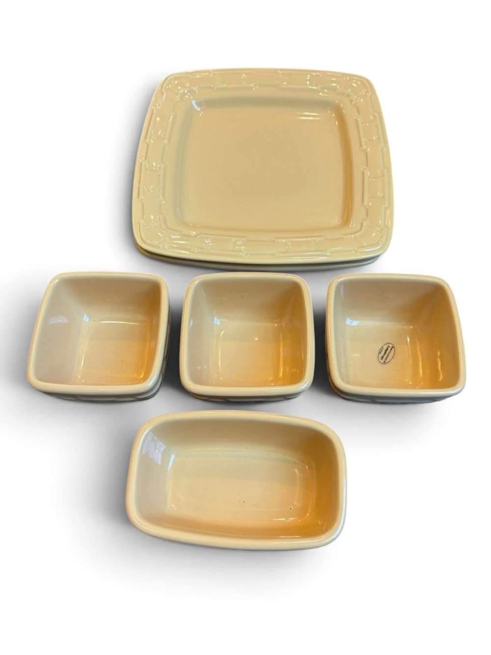 Longaberger Pottery Woven Traditions Butternut Yellow Plates & Bowls Set of 6